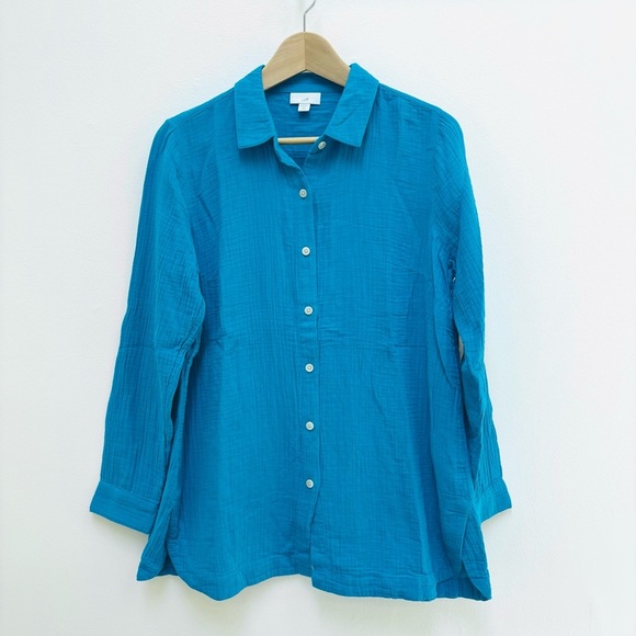 J. Jill Cotton-Gauze Split-Hem Tunic Button Front Shirt Turquoise Blue PS - Picture 5 of 14